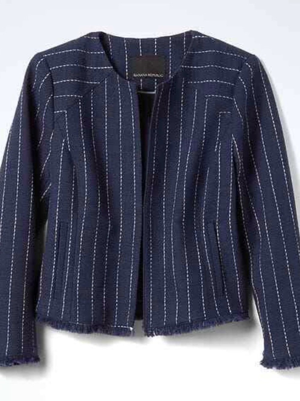 Banana Republic Navy Pinstripe, Boucle, Fringe Hem, Open-Front Jacket